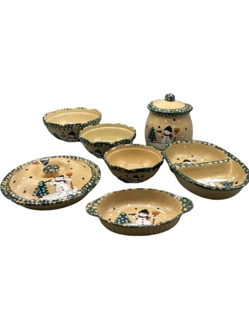 ABC distributing Christmas dishes set of 7 plus 2 lids snowman tree snow READ